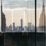 A view through a window of a city skyline