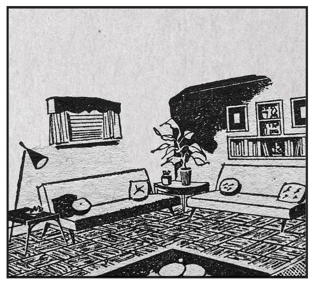 old newspaper drawing of a living room