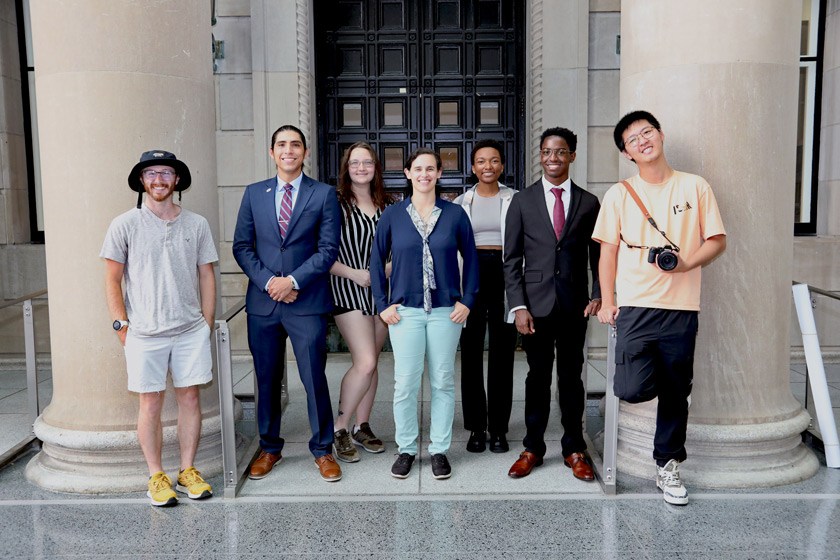 The CritChem team hosted three CorGGLE students in summer 2023 at the Diversity Undergraduate Summer Research Symposium. From left to right: Hunter Jamison (PhD student), Ian Fernandez (CorGGLE), Kayla Russo (PhD student), Nicole, Zoë Gold (CorGGLE), Ethan Johnson (LSAMP), and Jiawei Wang (PhD student)