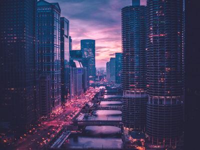 Chicago city skyline at sunset