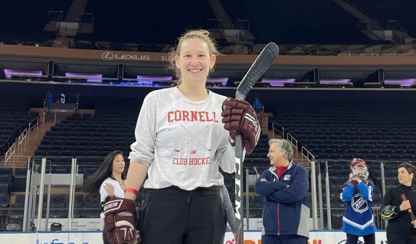 Harrison Award winner Dana Lerner ’14 playing ice hockey at Madison Square Garden in March 2023 (“A helmet was worn and is out of the frame,” she notes.)
