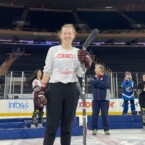 Harrison Award winner Dana Lerner ’14 playing ice hockey at Madison Square Garden in March 2023 (“A helmet was worn and is out of the frame,” she notes.)