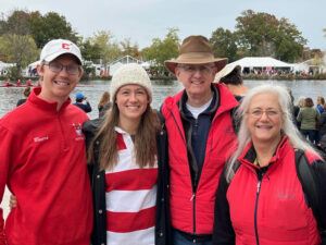 Grace Tucker ’17, her husband Chris Rogers ’15, and her parents supporting Cornell Rowing at the 2022 Head of the Charles regatta in Boston