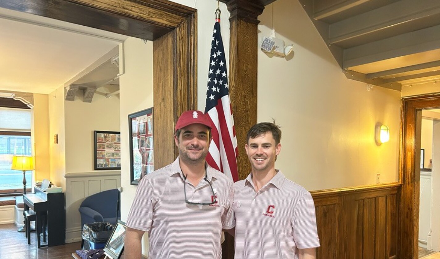Seamus Murphy ’17 (L) and Paul Rojas ’20, co-founders of the Cornell Military Network (CMN), at the Veteran’s Program House for a CMN event at Homecoming 2023
