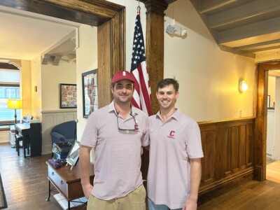Seamus Murphy ’17 (L) and Paul Rojas ’20, co-founders of the Cornell Military Network (CMN), at the Veteran’s Program House for a CMN event at Homecoming 2023