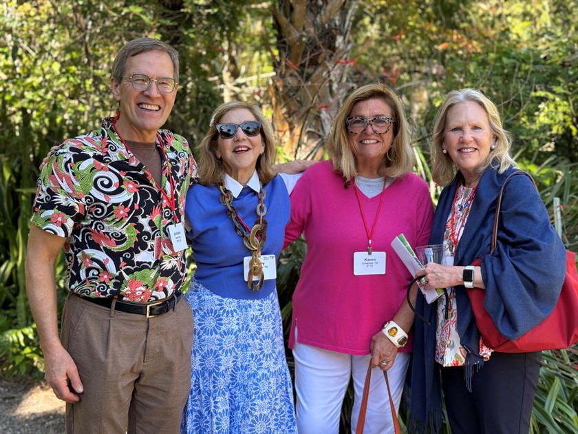 (L to R) Sculptor Andy Moerlein MFA `82 poses with Mary “Buff” Penrose ’76, Karen Coveney ’76, and Karen Keating ’76