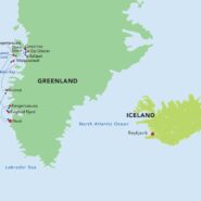 A map of Greenland and Iceland that indicates cruising destinations on this CAU Study Tour.