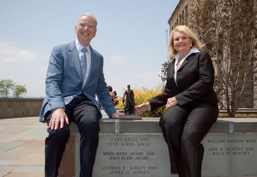 Irwin '54, BEE '56, and Joan '54 Jacobs at the Foremost Benefactor wall below McGraw Tower in May 2009