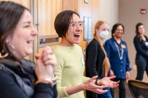 Graduate students participate in an active learning activity during a workshop co-led by Derina Samuel, associate director of graduate student development at the Center for Teaching Innovation.