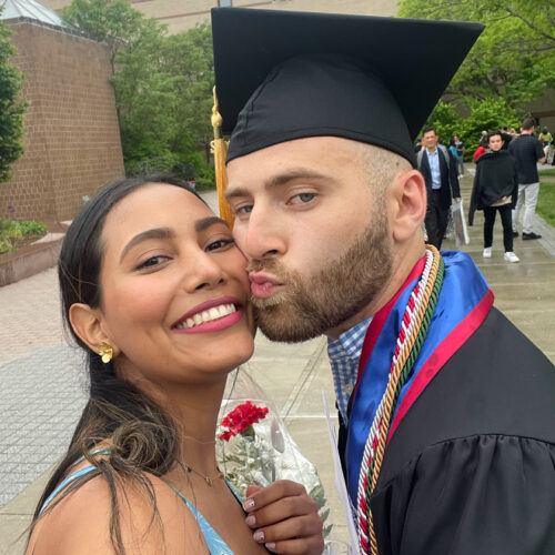 Paul Vermette ’22, MPS ’25 with Kimberly Navarro-Velez, PhD candidate, at Paul’s Cornell graduation in May 2022. The couple met on campus in fall 2021 and were married in May 2024.