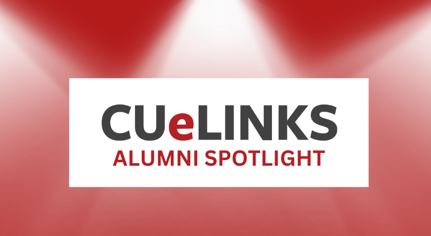 Box with spotlight effects and text, "CUeLINKS Alumni Spotlight"