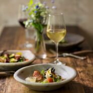 wine and food on a table