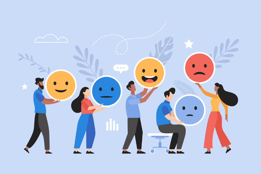 Cartoon of five people holding up emojis with different emotions