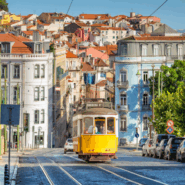 A yellow streetcar in Lisbon.