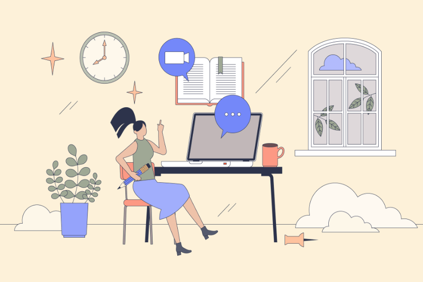 Cartoon of a woman sitting at a desk with laptop, journal, and speech bubbles.