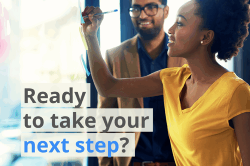 Woman writing on a whiteboard with text "Ready to take your next step?"