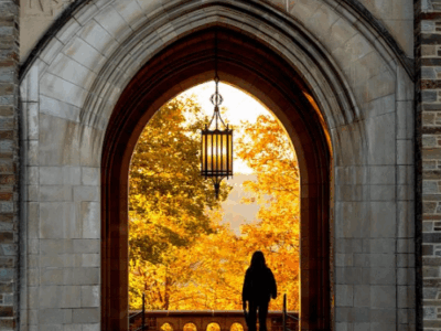 A Cornellian looks out at the bright fall foliage beyond Myron Taylor Hall.