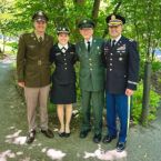 In May 2024, three generations of Unraths (all of whom served in the U.S. Army) gathered at Cornell for Tyler Unrath ’24’s ROTC commissioning. (L to R): 2LT Tyler Unrath ’24 (Megan’s brother), currently serves as a logistics officer at Joint Base Lewis-McChord, Washington; 2LT (now CPT) Megan Unrath ’21, a pediatric resident physician at Tripler Army Medical Center in Honolulu, Hawai‘i; SPC (Vet) Vern Unrath (grandfather),formerly a radio operator and communications specialist at Fort Hood, Texas; and COL (Ret) Craig Unrath (father), formerly an Apache helicopter aviator and simulation operations officer.