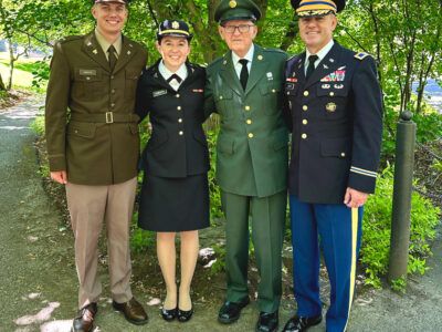 In May 2024, three generations of Unraths (all of whom served in the U.S. Army) gathered at Cornell for Tyler Unrath ’24’s ROTC commissioning. (L to R): 2LT Tyler Unrath ’24 (Megan’s brother), currently serves as a logistics officer at Joint Base Lewis-McChord, Washington; 2LT (now CPT) Megan Unrath ’21, a pediatric resident physician at Tripler Army Medical Center in Honolulu, Hawai‘i; SPC (Vet) Vern Unrath (grandfather),formerly a radio operator and communications specialist at Fort Hood, Texas; and COL (Ret) Craig Unrath (father), formerly an Apache helicopter aviator and simulation operations officer.