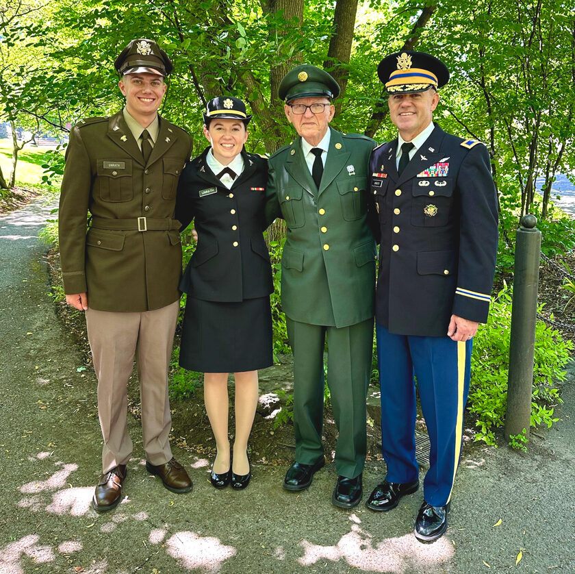 In May 2024, three generations of Unraths (all of whom served in the U.S. Army) gathered at Cornell for Tyler Unrath ’24’s ROTC commissioning. (L to R): 2LT Tyler Unrath ’24 (Megan’s brother), currently serves as a logistics officer at Joint Base Lewis-McChord, Washington; 2LT (now CPT) Megan Unrath ’21, a pediatric resident physician at Tripler Army Medical Center in Honolulu, Hawai‘i; SPC (Vet) Vern Unrath (grandfather),formerly a radio operator and communications specialist at Fort Hood, Texas; and COL (Ret) Craig Unrath (father), formerly an Apache helicopter aviator and simulation operations officer.