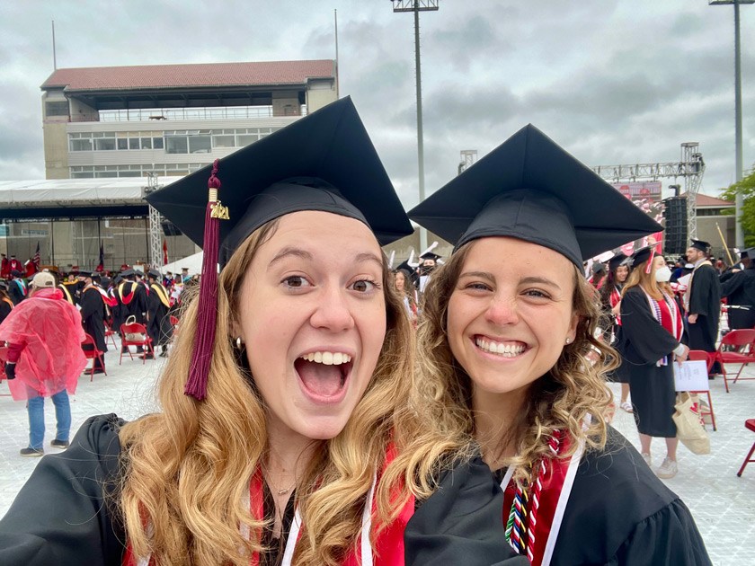 Megan (left) with her friend from Army ROTC and now fellow doctor, Rachel Cary ’21, at their Cornell graduation in May 2021