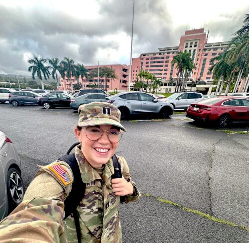Megan at work as a pediatric resident physician at Tripler Army Medical Center in summer 2025
