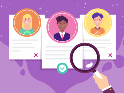 Cartoon of a recruiter reviewing candidate resumes with a magnifying glass