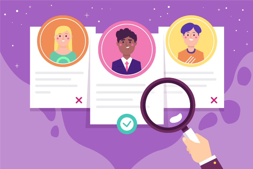 Cartoon of a recruiter reviewing candidate resumes with a magnifying glass