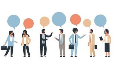 Cartoon of people networking with speech bubbles