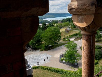 Ho Plaza and Cayuga Lake from Barnes Hall tower.