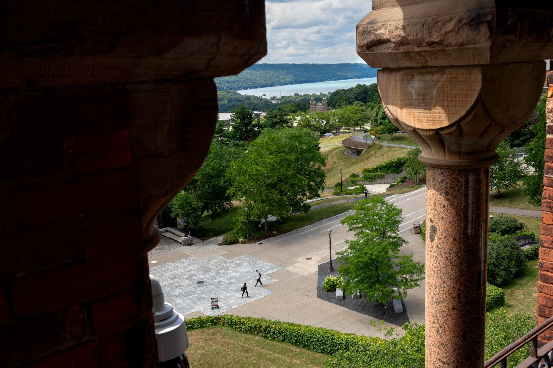 Ho Plaza and Cayuga Lake from Barnes Hall tower.