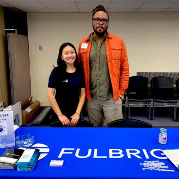 Here, Savanna and fellow Fulbright Alumni Ambassador, Tremaine Smith table at Lehman College's study abroad fair, in the Bronx.