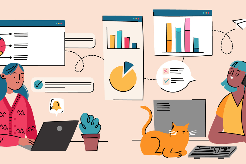 Cartoon of two people working on a presentation