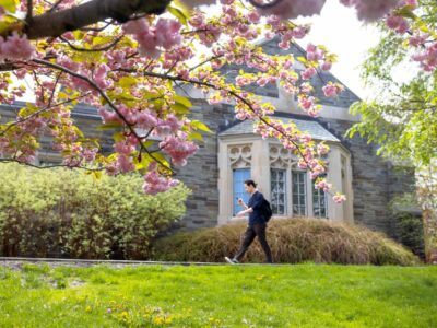 Flowers bloom outside Teagle Hall.