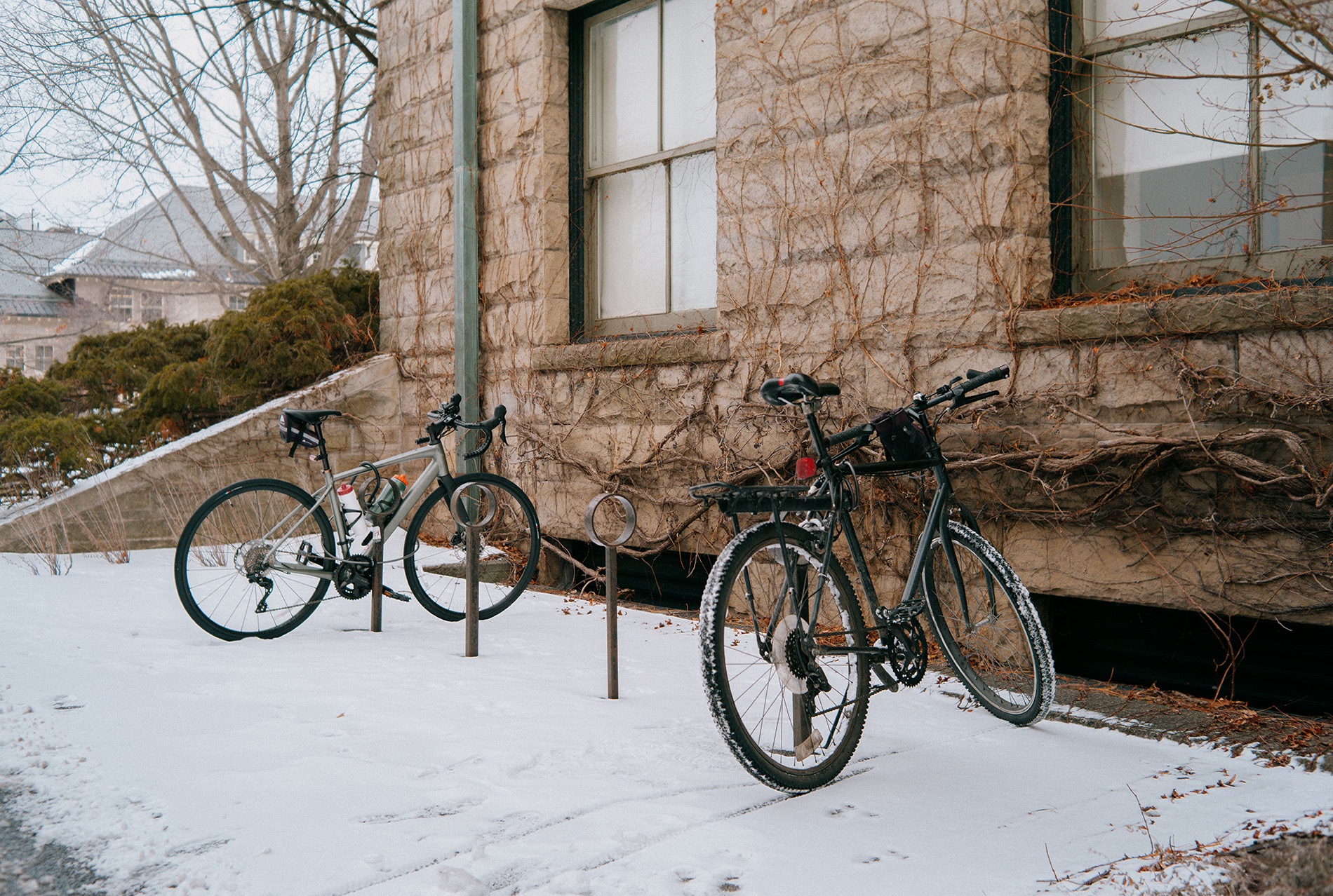 Bikes parked in the snow outside Stimson Hall