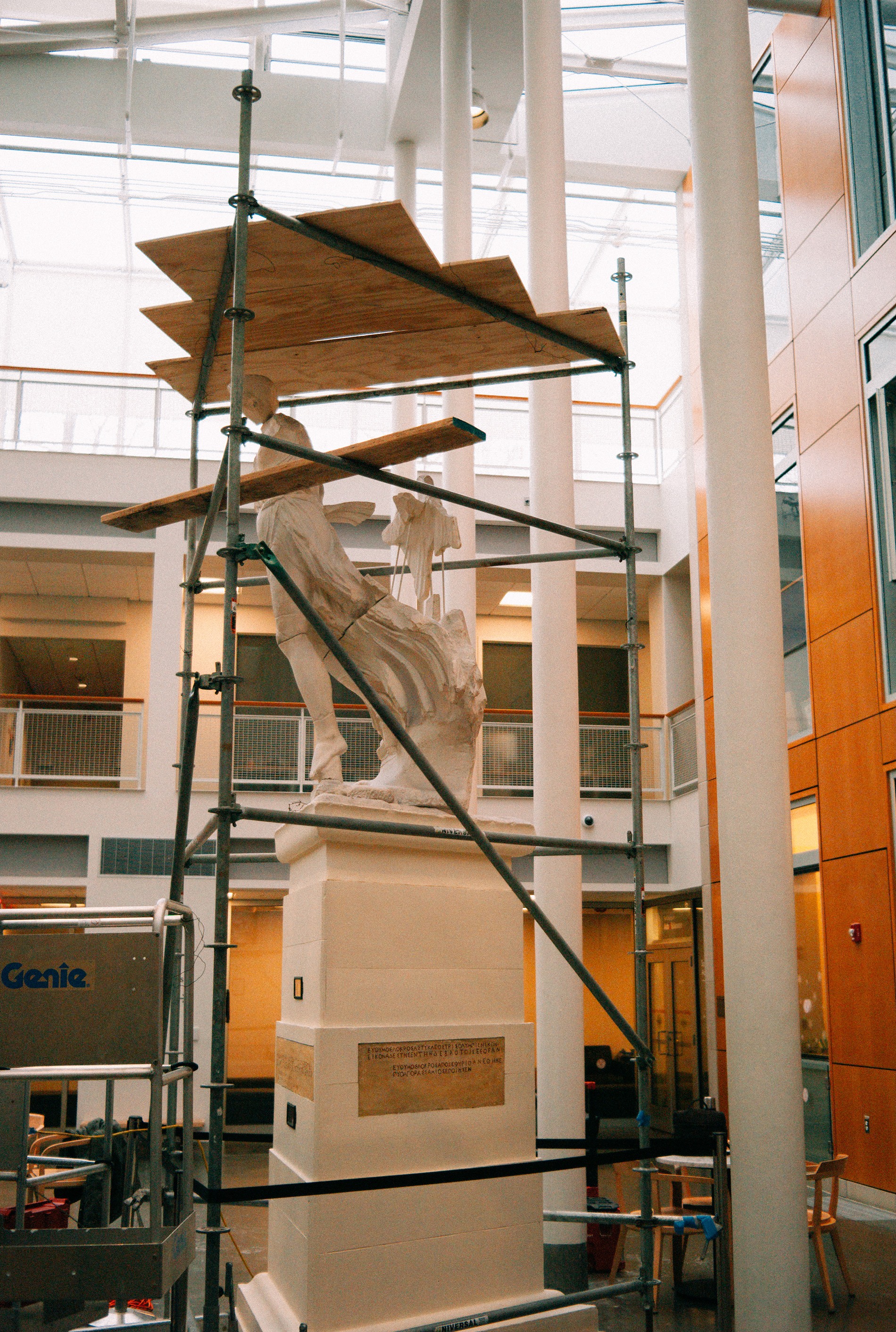 With students gone, it's renovation time for this plaster cast statue in Klarman Hall.