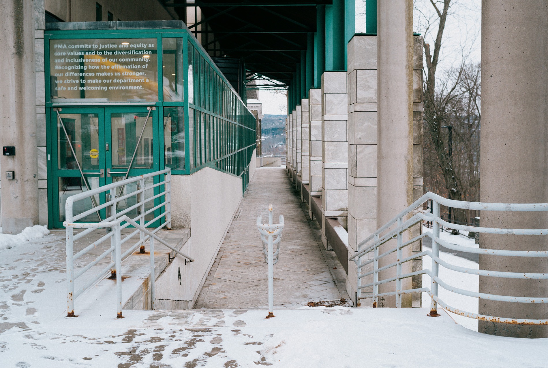 Footprints dot the snow outside of the Schwartz Center.
