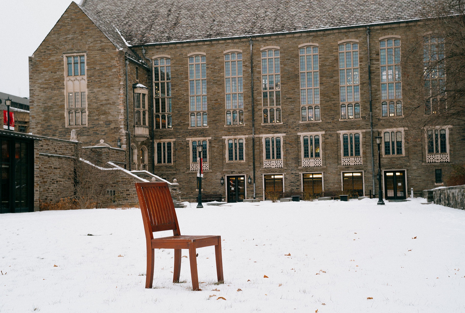 One solitary chair in the Law School courtyard