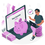 Cartoon of a person sitting on a stack of coins next to a computer and piggy bank.