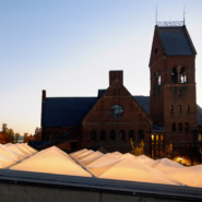 A view of Barnes Hall at sunset