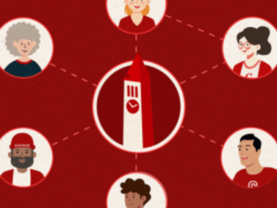 Cartoon graphic of Cornellians connected to McGraw Tower