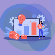 Cartoon of a woman standing in front of a laptop and holding a coin