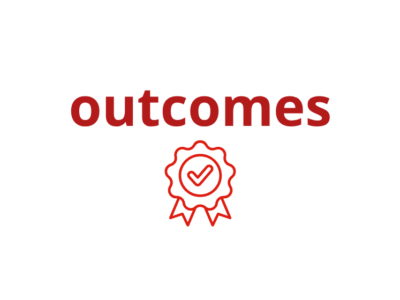 Text "outcomes" with graphic of an achievement ribbon