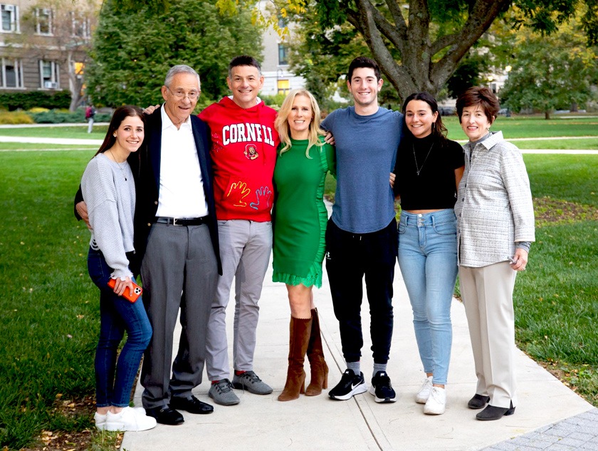 David visiting Cornell with his parents, Nancy '64 and Stephen '64; his fiancé, Nathalie Kaplan; and his three children, Rachel ’19, Naomi ’21, and Mitchell Einhorn