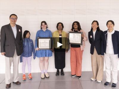 The Ye family poses with the 2025 winners of the Ye Awards. From left are Mao Ye, Christine Ye Award recipient Ellie Homant; Derina Samuel, associate director of graduate student development at the Center for Teaching Innovation; Cornelia Ye Award winner Manasi Anand; Cornelia Ye; and Xi Yang.