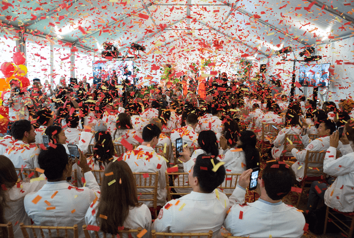 Weill Cornell Medicine students celebrate at the 2019 launch of the institution's debt-free initiative.