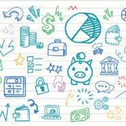 A seamless vector icon pattern of wealth budget planning sketched with colorful pens on a notebook paper texture.